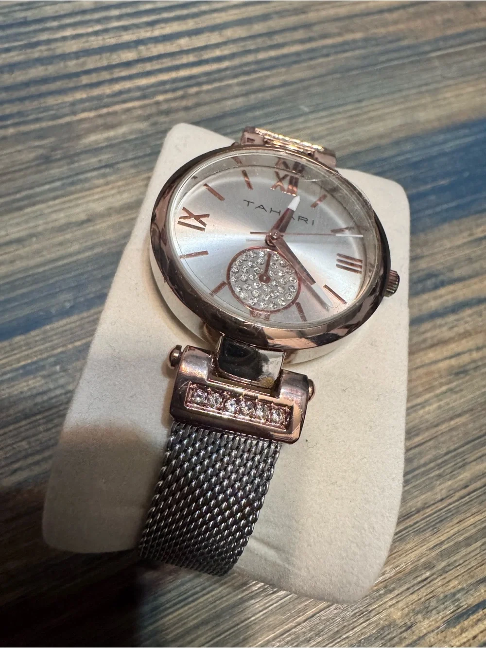 Tahari Rose Gold Mesh Bracelet Crystal Accent Women's Watch